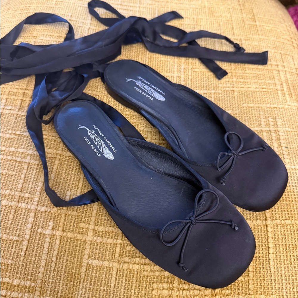 Jeffrey Campbell Navy Satin Flats with Ribbon
